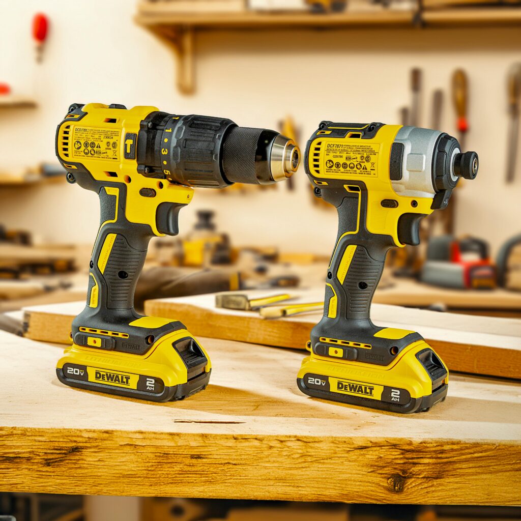Powerful cordless drills displayed in a professional woodworking studio.